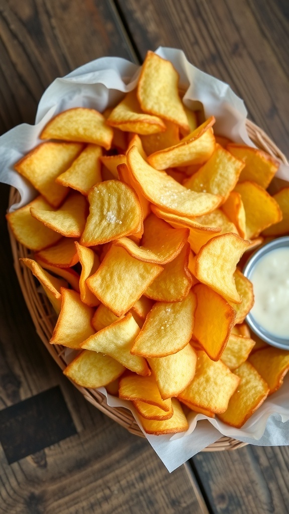 A basket of crispy potato chips with a bowl of dip on a wooden table.